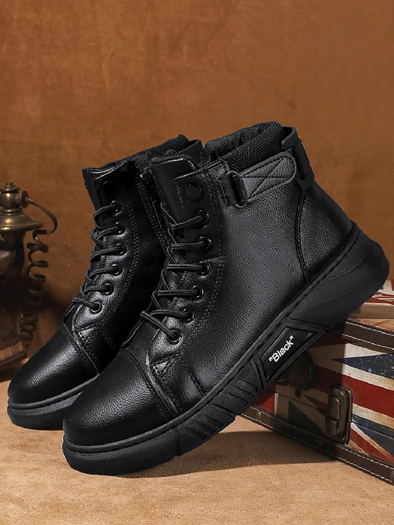 Men's Fashion Solid Color Lace up Ankle Boots, Casual Outdoor Climbing Hiking Boots, Letter Patch Decor Zip Front Combat Boots for Work & Daily Wear