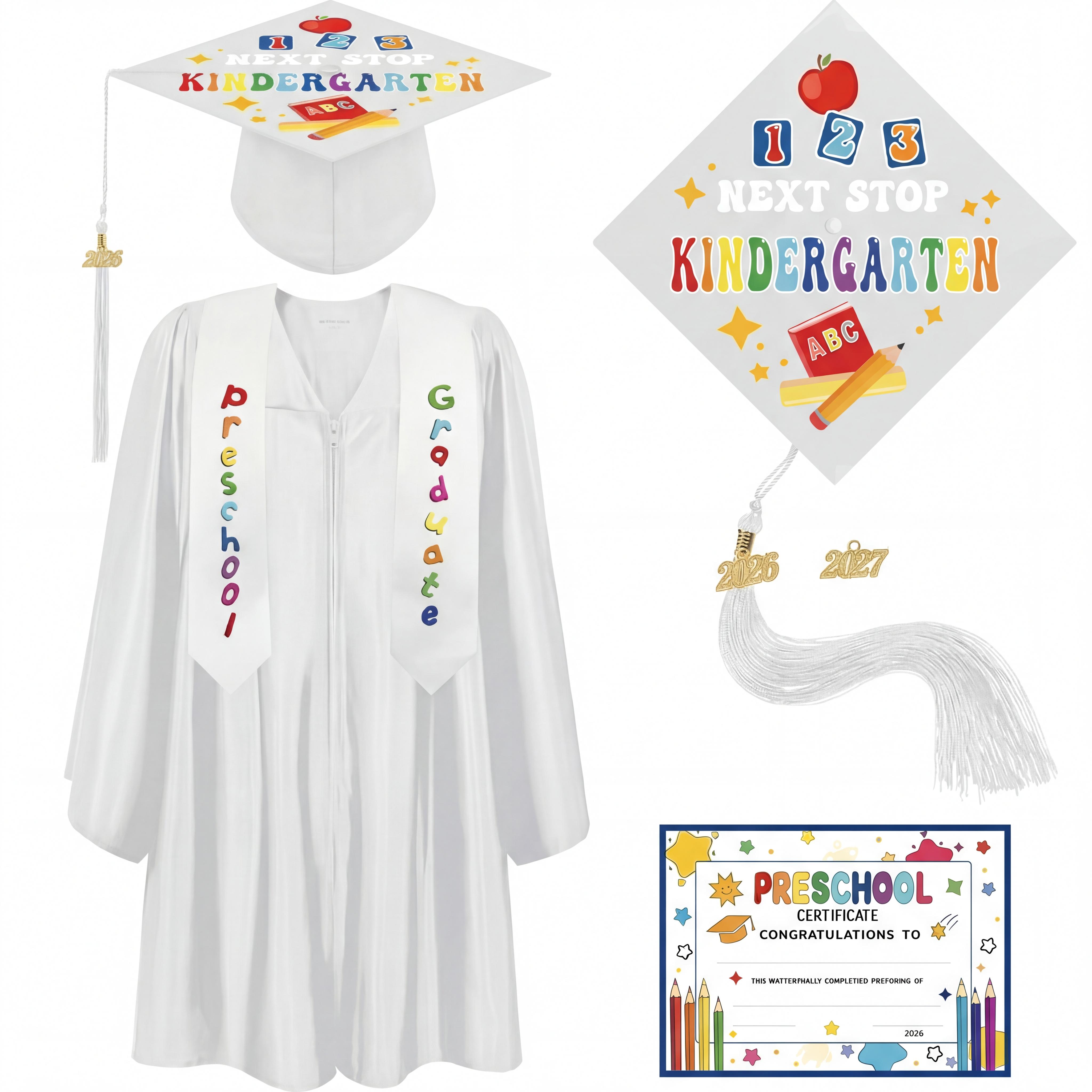 4 pcs Kindergarten Preschool Class Graduation Gown Set Cap Gown Stole with 2026 Tassel and Certificate for Toddler Kids Classmates or Friends Student Graduation School Supplies