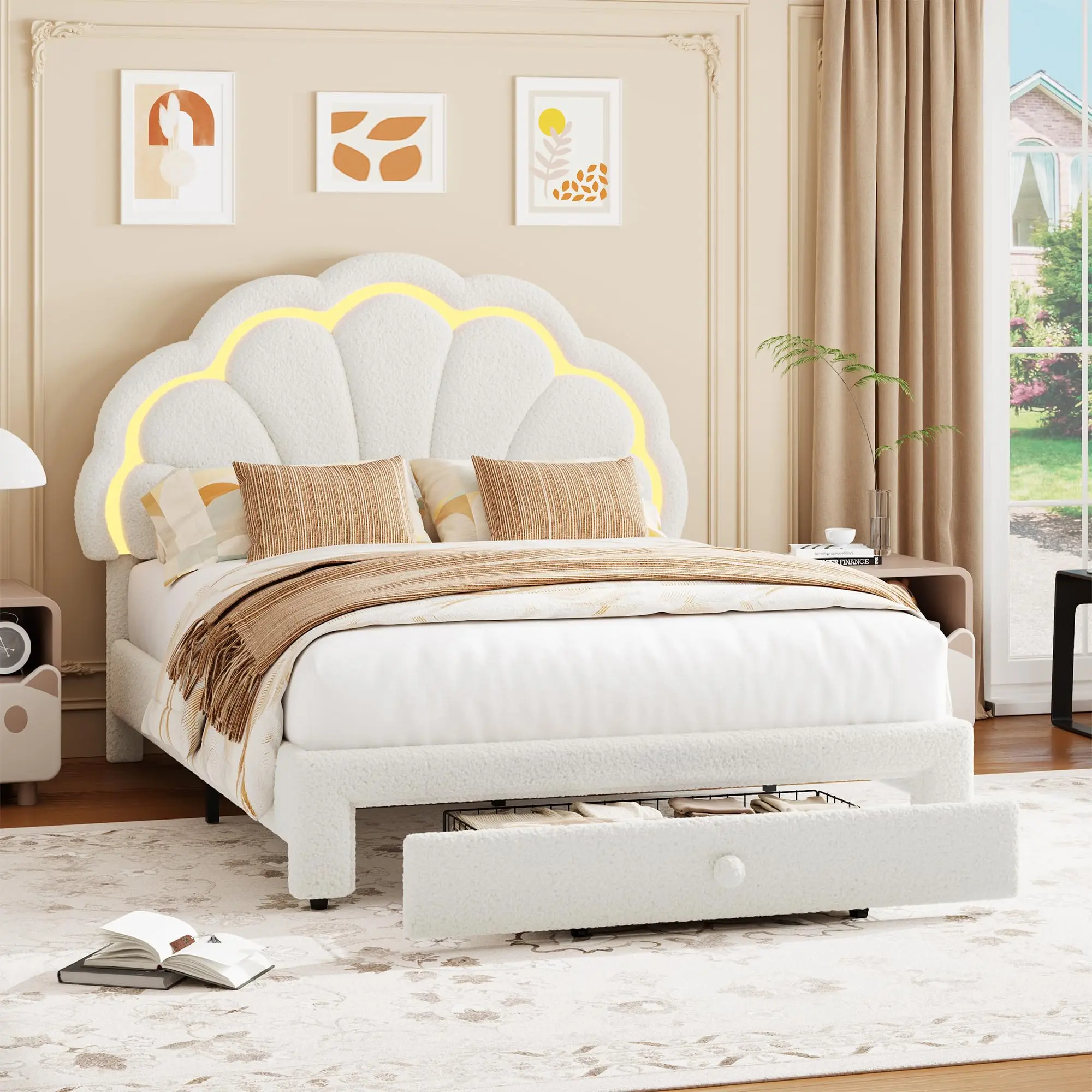 Garvee Full Upholstered LED Bed Frame with Storage Drawer and Adjustable Chic Headboard, Berber Fleece Princess Platform Bed, Solid Wood Support, No Box Spring Needed, Easy Assembly, Beige
