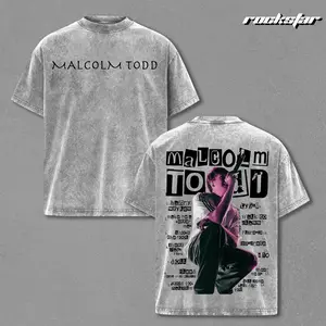 Malcolm Todd Portrait Graphic T-Shirt, Vintage Washed Black Oversized Shirt with Tracklist and Text Design, Heavyweight Streetwear Tee for Music Fans