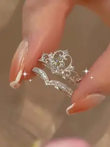 Princess Crown Ring Set, Adjustable Open Design, Zircon Inlay, Copper Chain, Perfect for Weddings & Valentine's Day Gifts