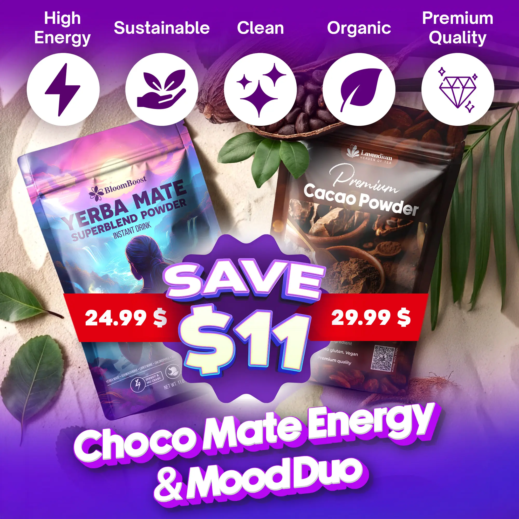 Premium Choco Mate Energy & Mood Duo – Natural Cacao Powder & Yerba Mate Instant Drink Mix – Ashwagandha, Lion’s Mane, Chlorophyll – Rich Chocolate & Peach Mango Flavor – Non-GMO, Sugar-Free, Gluten-Free Superfood Blend