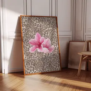 Trendy Leopard Flower Print, Retro Flower Girl Poster, Funky Y2K Aesthetic Apartment Decor, Vintage Girly Pink Cheetah Bedroom Wall Art