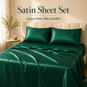 ROMANGEM 4 Piece Emerald Green Satin Sheet Set, Silky Soft Microfiber Bedding, Deep Pocket Fitted Sheet, Flat Sheet & 2 Pillowcases, Luxury Bedroom Sheets Split King Cooling men teen