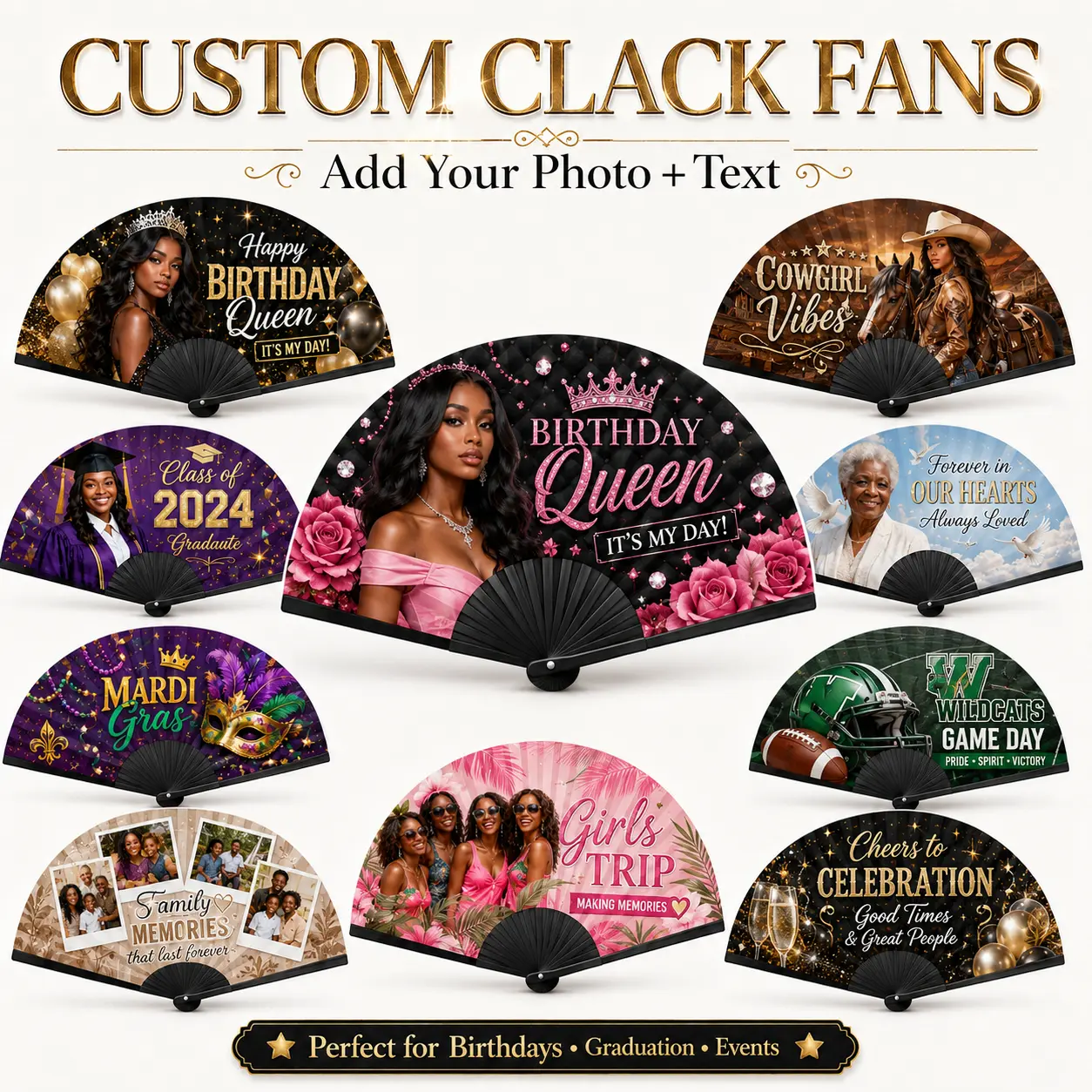 Custom Clack Fan – Personalized Photo Folding Fan, Party Favor, cheer, birthday, wedding  25inch x 13 in