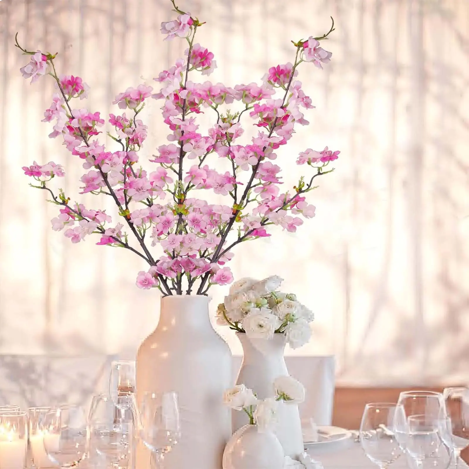4 PCS Artificial Cherry Blossom Branches Spring Indoor Decoration, Faux Flowers 39.3" Long Stems Plum Fake Peach Plants Real Touch Silk for Wedding Home Bedroom Party Table Office, Pink