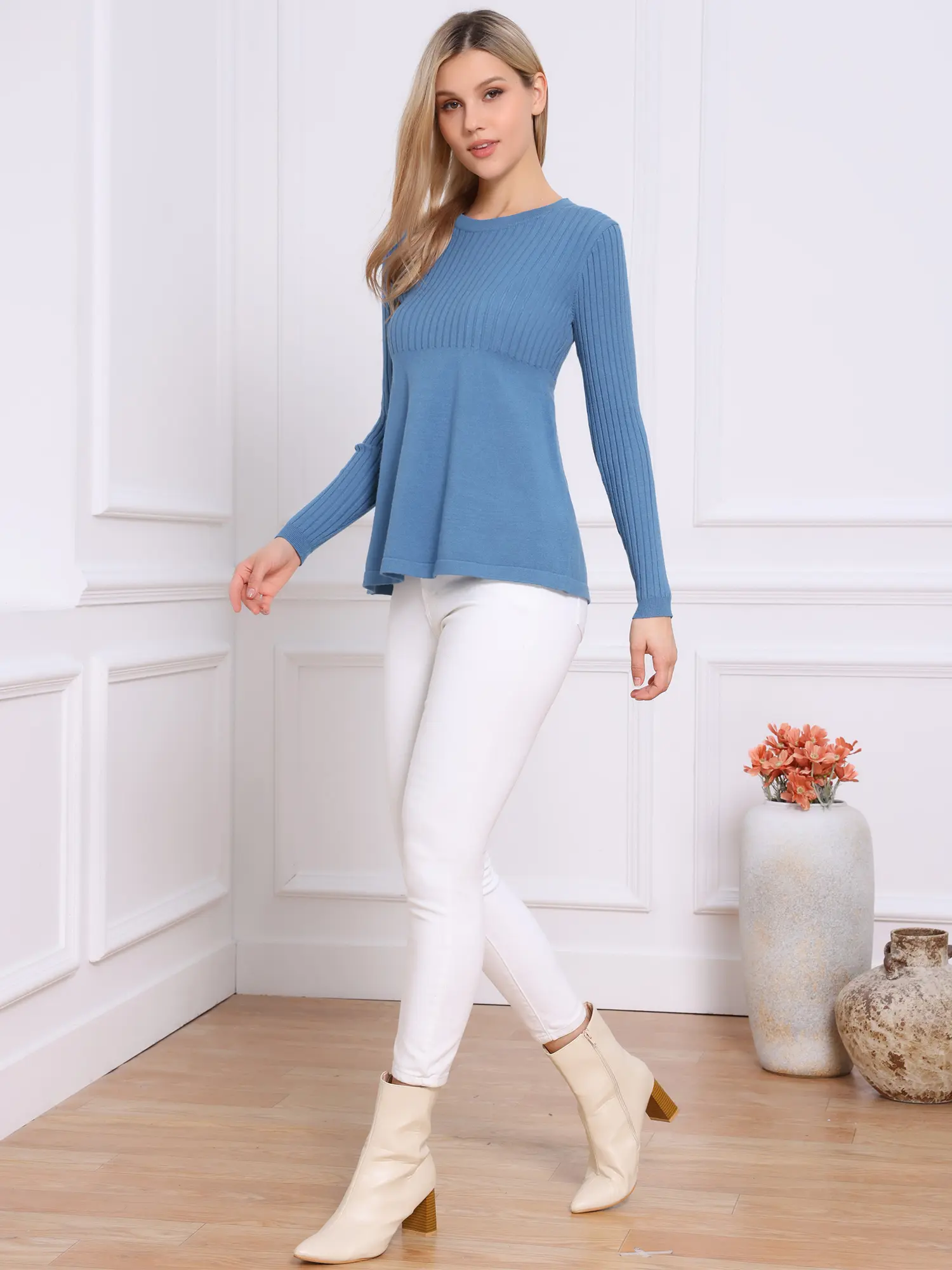 INSPIRE CHIC Women's Pullover Sweaters Casual Crew Neck Clingy Long Sleeve Knit Top Stretchy Sweater Elegant Peplum Tops