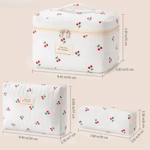 Floral pattern Portable Floral Cotton Cosmetic Bag 3pcs  Makeup Bag Portable Zipper Makeup Organizer Pouches multifunctional