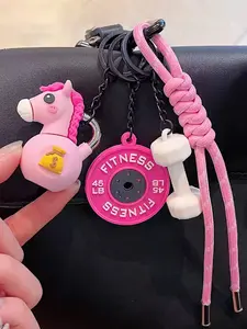 5-in-1 Black Pink Gym Keychain Set, Keychain Lanyard - Horse Kettlebell Weight Plate Dumbbell Paracord Woven Rope & Carabiner Keyring Gym Charm Accessory Backpack Key Chain