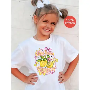SHOWTLY Brand, Easy Peasy Squeezy Lemon Graphic Tee - Cute Whimsical Yellow Pink Bow Flower Sticker Art Design, Soft Summer Breathable T-Shirt for Children Girls, Perfect Birthday Gift for Mom Sister Best Friend (3-13Y)