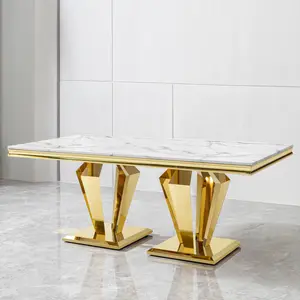 [SOIYELIFE] Dining Table for 6 or 8, Rectangular 78.74" L x 39.37" W x 29.92" H Gold Polished Stainss Steel Base MDF Marb Top
