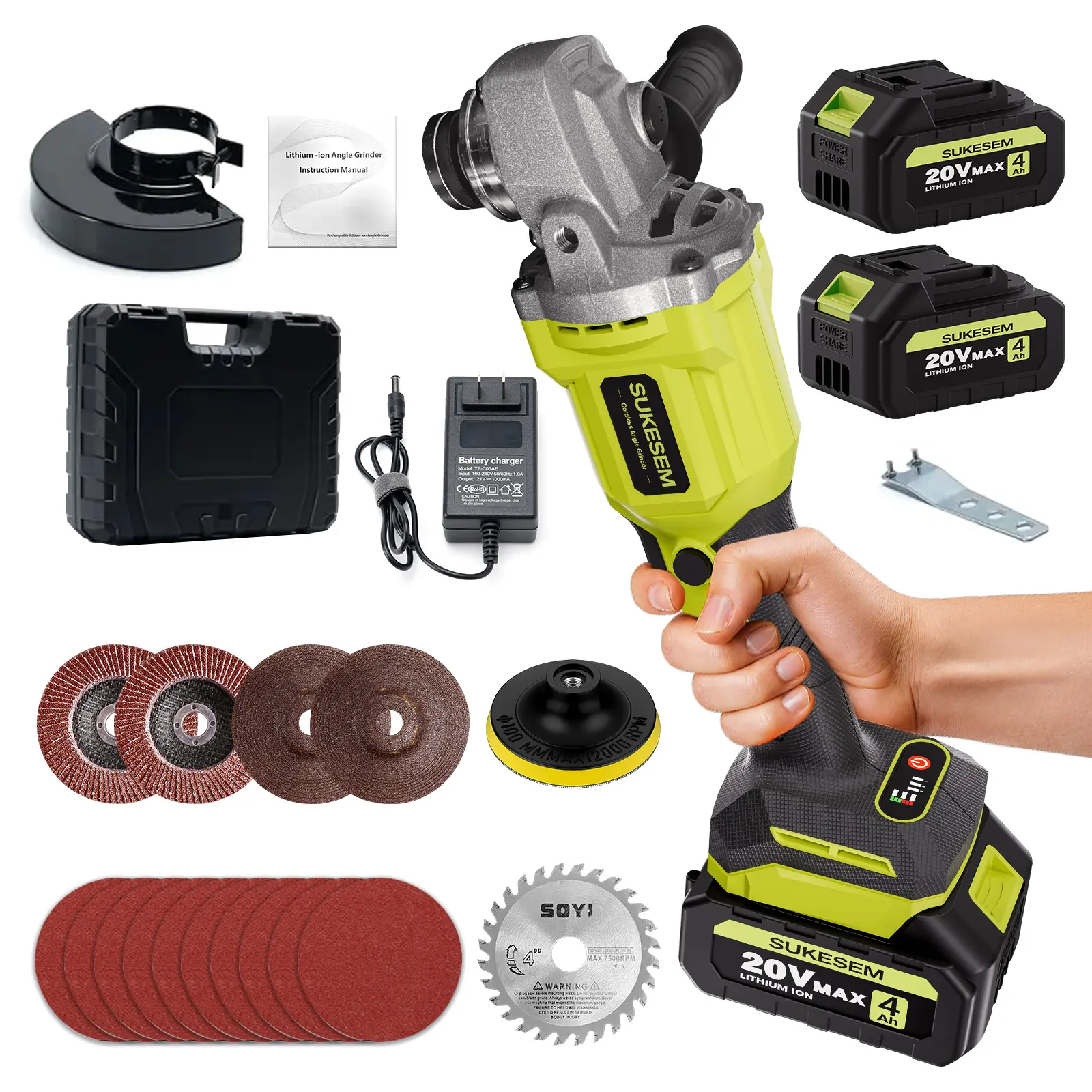 Cordless Angle Grinder with  20V 4000mAh Batteries, 11000 RPM Brushless Motor, for Cutting, Grinding, Polishing – Heavy Duty Electric Power Tool Tool Kit Tool Box Portable