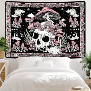Vibrant Mushroom Skull Tapestry - Hippie Skeleton Landscape Wall Hanging with Pink Leaves, No Electricity Required, Polyester Knit Fabric
