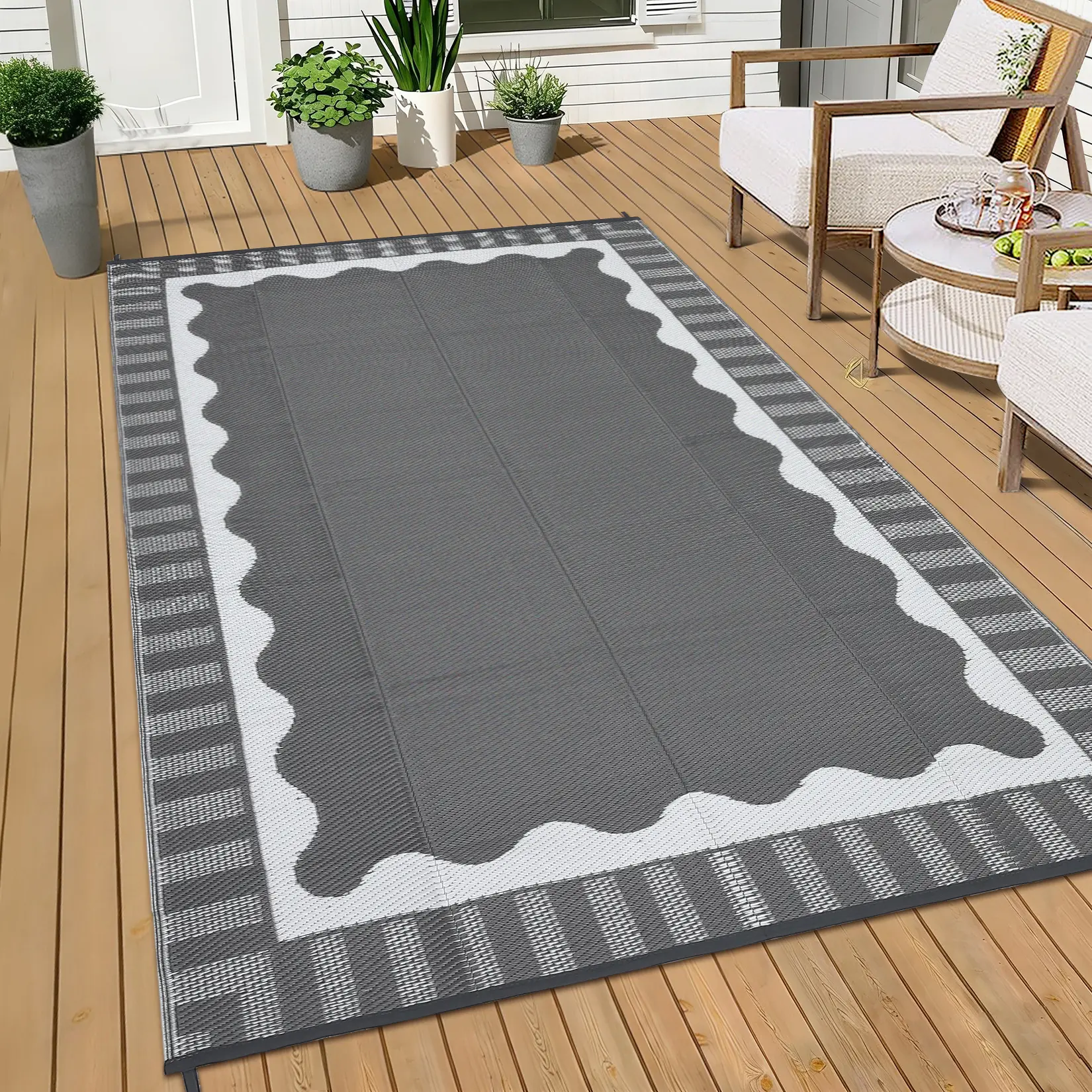 Large Waterproof Outdoor Rug with Fan-shaped Printed Plastic Straw Woven Carpet Double-sided Clean Gray & White Border Portable Storage Bag Foldable for Patios Gardens Balconies Beaches Picnics RVs and Porches