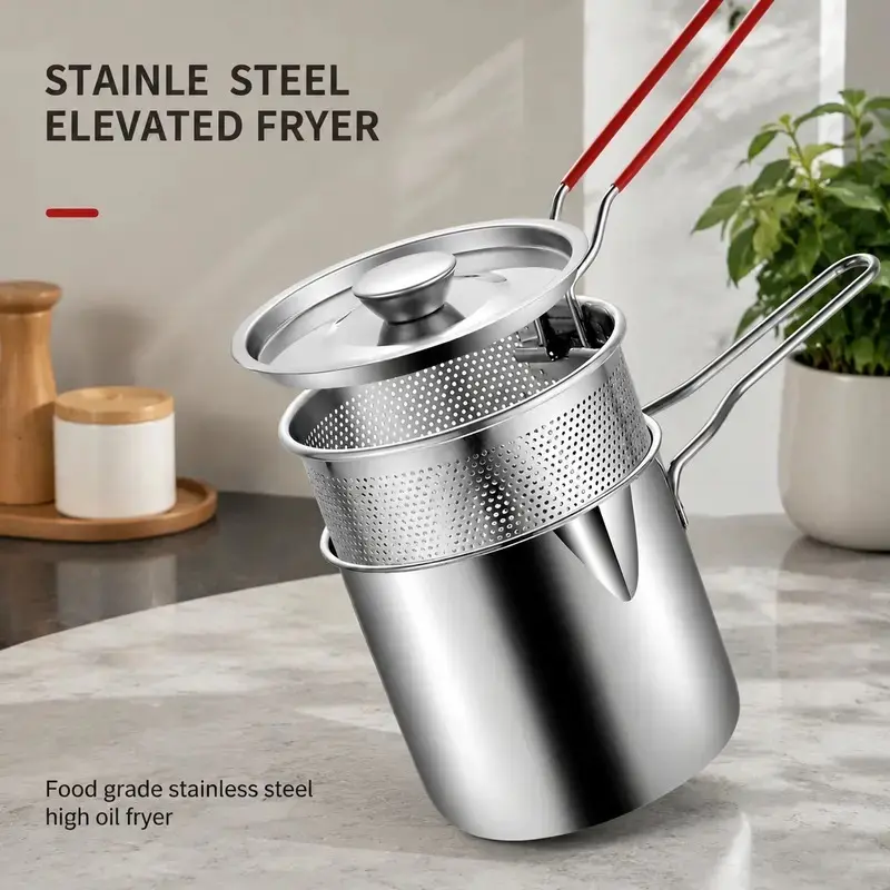 Stainless Steel Deep Fryer Set - 4 in 1-Person Mini Pot with Fry Pot, Filter Basket, Food Clip, Rust-Resistant Portable Cookware for Home Kitchen Chips, Chicken Wings