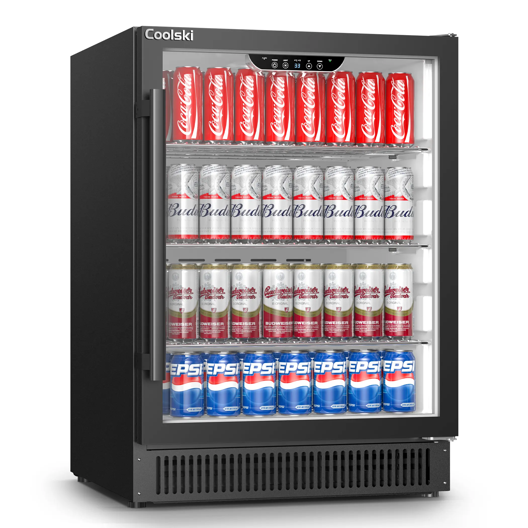 Coolski Beverage Refrigerator, 24 Inch Under Counter Beverage Fridge, 180 Cans Built-In or Freestanding Beverage Cooler with Glass Door