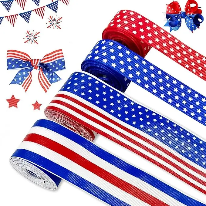 5 Rolls Patriotic Ribbon 4th of July Stars and Stripes Burlap Wired Edge Ribbon 25 Yards White Blue Red Decorative Ribbon for Independence Day Gift Wrapping DIY Wreath Bow Craft Sewing