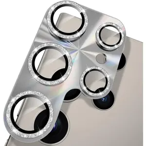 Camera Lens Protector for Samsung Galaxy S24 Ultra, [Lithography Laser Gradient] [5X Strengthen] Bling Glitter Tempered Glass Screen Protector Metal Ring Camera Lens Cover (Titanium Gray)