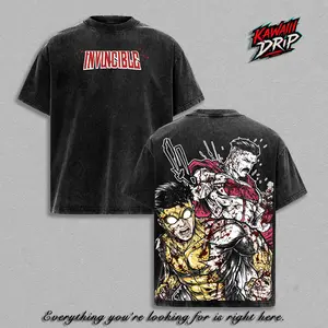 Omni Man vs Invincible T-Shirt Vintage Washed Oversized Heavy Cotton Graphic Tee, Superhero Comic Battle Streetwear Shirt, Dark Blood Fight Back Print Tee, Unisex Gym Pump Cover Gamer Streetwear Outfit, Gift For Anime Comic Fans