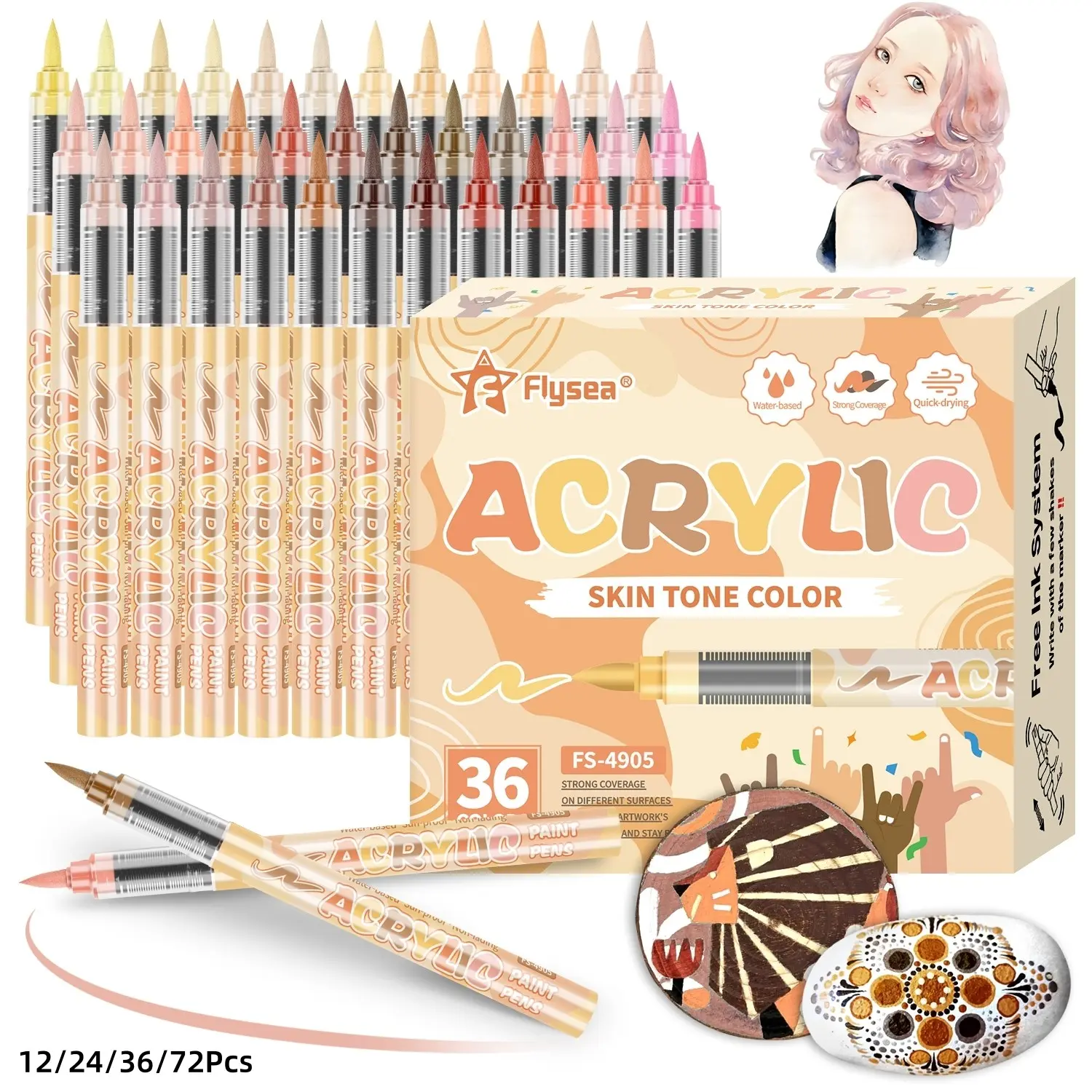 Skin Tones Art Markers,12/24/36/72 Color Soft Brush Tip Acrylic Paint Pens, Acrylic Markers Set, Quick-Drying Waterproof Acrylic Paint Markers for Illustration Sketching, Wood,Glass,Fabric,Rocks Painting, Artist Drawing Pen, Drawing Art Supplies