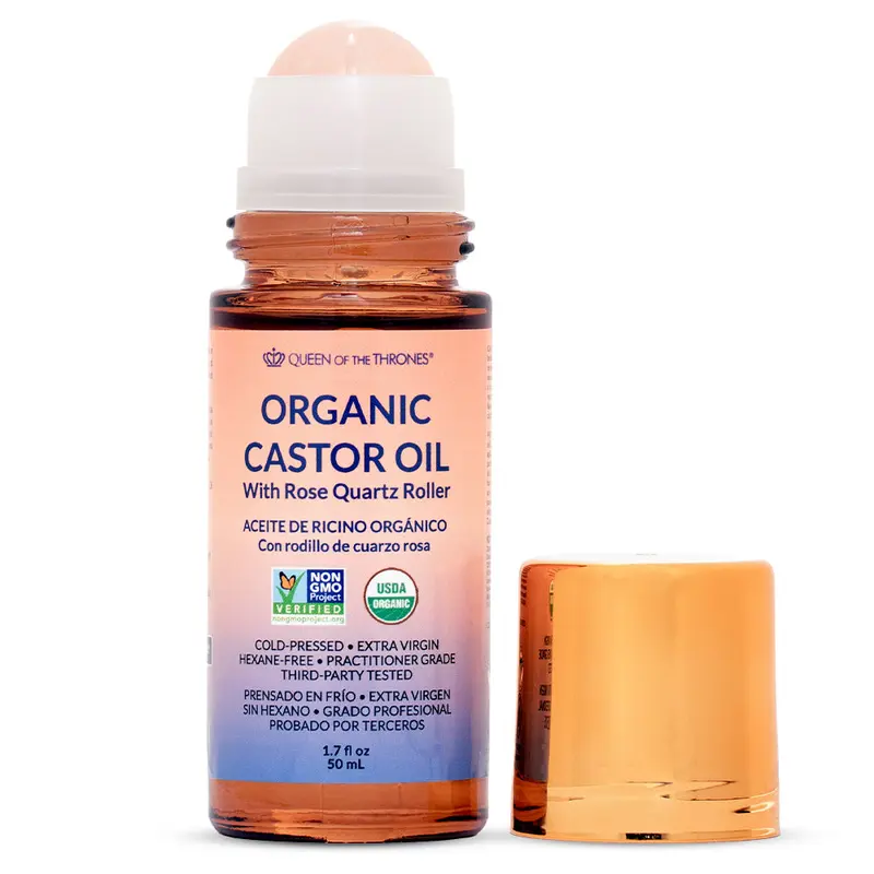 QUEEN OF THE THRONES Rose Quartz Roll-On Castor Oil, 50ml Natural Hypoallergenic Pure Cosmetic Body Oil - Golden Hydrating Moisture-Rich Sensitive-Safe Body Care Anti-Wrinkle Moisturizer for Face/Brows