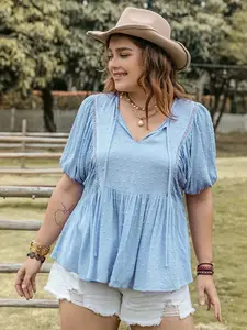 Plus Size Swiss Dot Tie Neck Short Sleeve Blouse