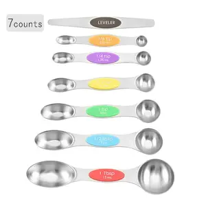 Double-ended stainless steel magnetic measuring spoons set with powerful N45 magnets, heavy-duty metal kitchen gadgets for baking and cooking, fits most kitchen spice jars