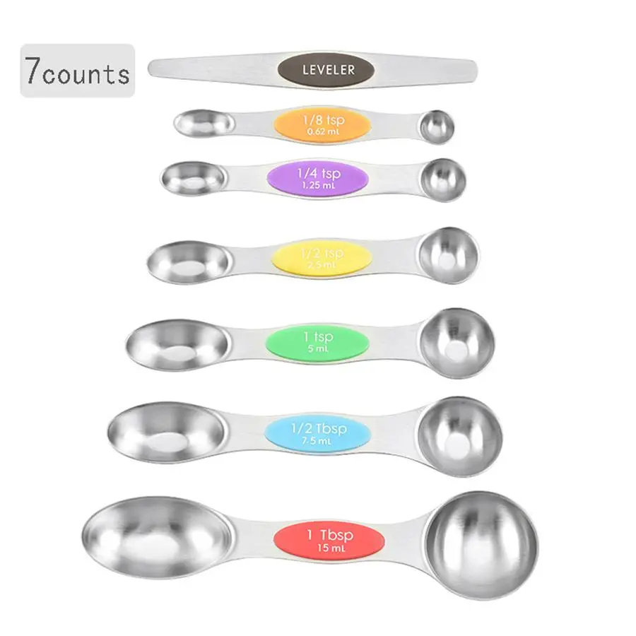 Double-ended stainless steel magnetic measuring spoons set with powerful N45 magnets, heavy-duty metal kitchen gadgets for baking and cooking, fits most kitchen spice jars