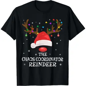 Chaos Coordinator Reindeer Matching Christmas Teacher Mom T-Shirt, 100% Cotton, Single Side Printed, Black Short Sleeve T-shirt, 1 pc, Christmas Halloween Thanksgiving Gift