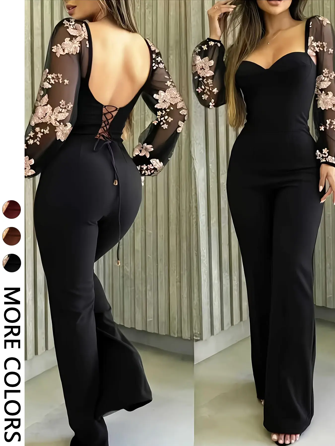 Women's Casual Backless Sexy Chic Style Lace-Up Sequined Slim Fit Long Sleeve Floral Jumpsuit, Spring & Fall Fashion, Perfect for Parties and Elegant, Chic Jumpsuits
