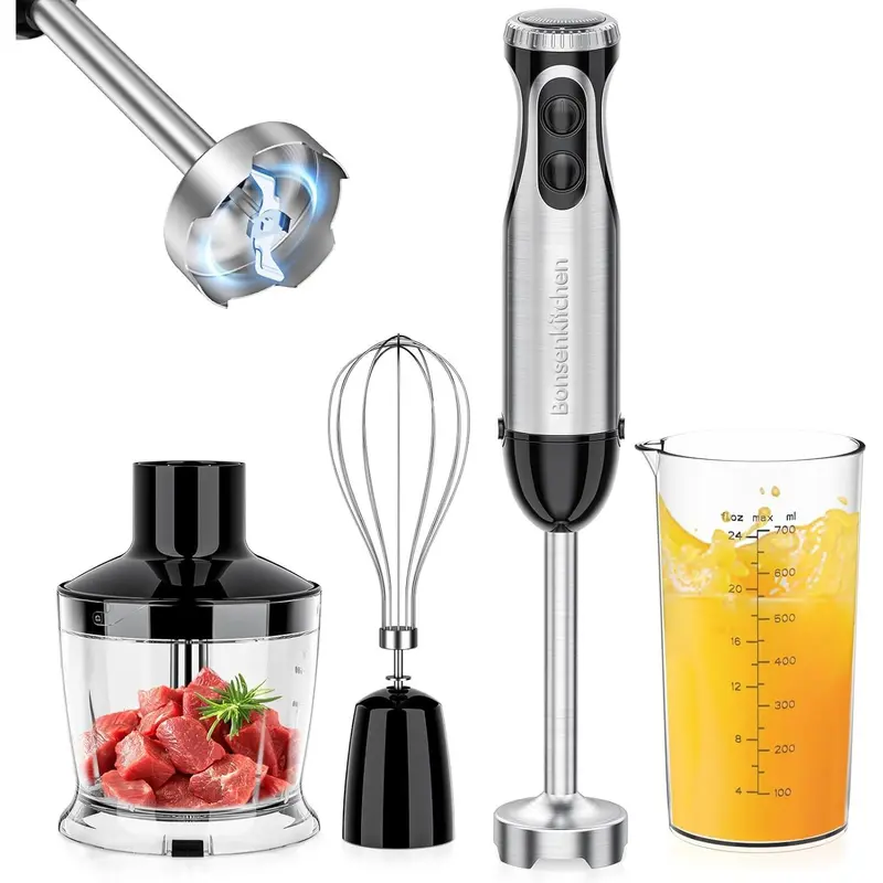 Bonsenkitchen Immersion Blender, 20 Variable Speeds & Turbo, 4-In-1 Stainless Steel Handheld Blender Stick Mixer with Egg Whisk, Beaker & Chopper Bowl electric mixer