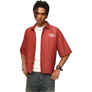 VIPWOLF Men's Gingham Cropped Shirt Oversized Baggy Short Sleeve Collared Button Up Plaid Boxy Streetwear Tees Tshirts