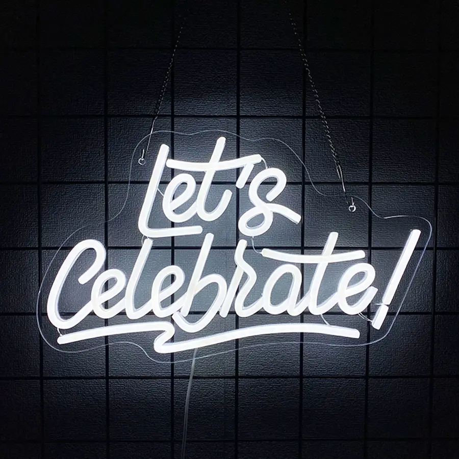 Let's Celebrate Neon Sign White Letter LED Neon Lights for Bedroom Wall Decor Words USB Powered Neon Signs for Living Room Dining Room Bar Club Hotel Restaurant Party Wall Decoration LED Light Letters