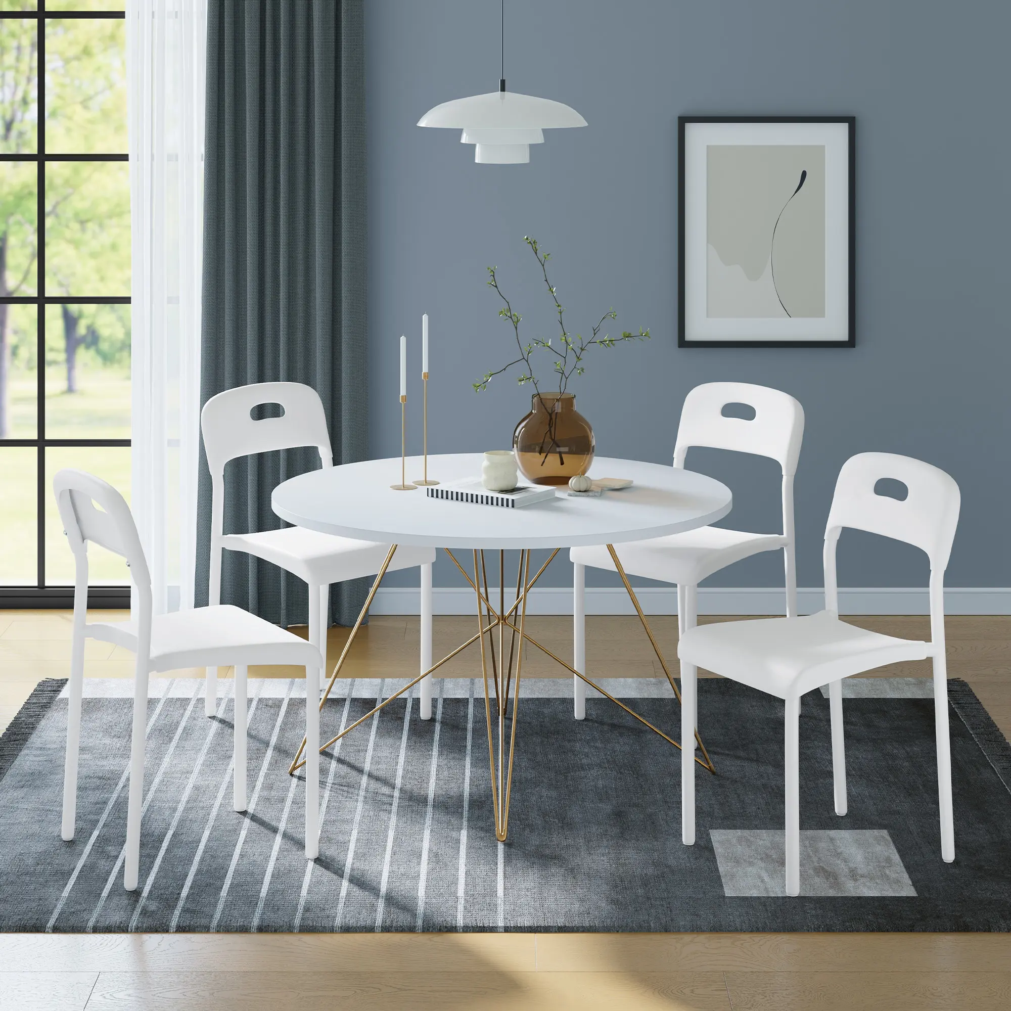 Modern Stackable Dining Chairs Set – Plastic, Sturdy Metal Legs, Easy Assembly, Waterproof & Mark Resistant, Appropriate for Indoor/Outdoor Use – White/Black