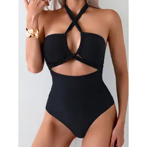-Shoulder Halter Neck Backless One-Piece Swimsuit - Solid Color Stretchy Swimwear with Cut-Out, Machine Washable Beach Bikini & Vacation