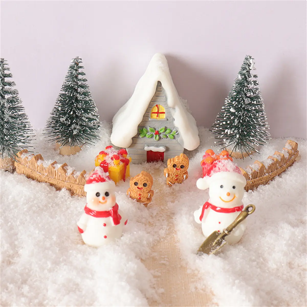 13pcs Dollhouse Christmas Tree Set - Decorative Handcrafted Micro Landscape DIY Ornaments with Simulation Snow Landscape, Gingerbread Man, Snow Room Decor, Sleigh, Elk, Cedar Tree