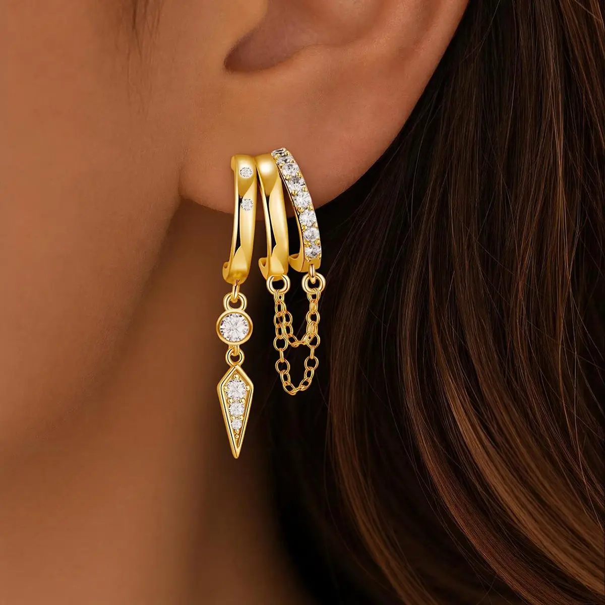 Dangle Earrings for Women,14k Gold Plated Triple Huggie Stud Earrings Cute Statement Chain Earring Dainty Drop Earrings for Women Trendy Gold Plated Jewelry