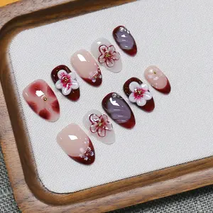 10 PCS Lovely Almond 3D Graffiti Design Nails, Reusable Fake Nails for Parties, Handmade Press on Fake Nail for Women,