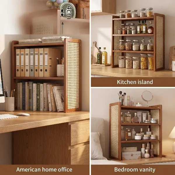 4-Tier Bamboo Freestanding Desktop Bookshelf with Rattan-Style Side Panels, Cuboid Stable Open Storage Organizer, Shelves for Storage for Home Office Desk Cup Holding