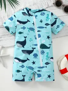 Baby Boy's Cartoon Print Zipper One-pieces Swimsuit, Cute Short Sleeve Swimwear for Beach Holiday Vacation, Newborn Infant Kids Swim Clothes, Toddler Swimsuit