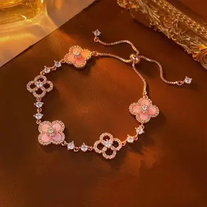 Cherry Blossom & Four Leaf Clover Lucky Bracelet for Women 30cm Adjustable Fade Resistant Light Luxury Wrist Jewelry Ideal Gift for Girlfriend Mom