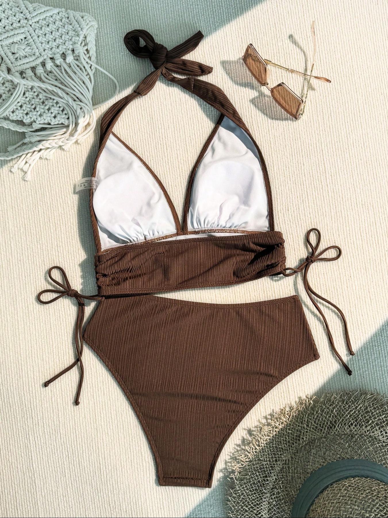 Two-Piece Set Women's Solid Color Bikini Set, Casual Fashion Chic Swimsuit Set, Ladies Swimwear for Beach Holiday Vacation