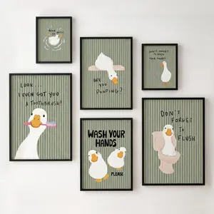Funny Duck Bathroom Wall Art Poster, Green Stripes Duck Nursery Quotes,  Cute Sage Green Restroom Decor, Whimsical Toilet Hygiene Signs Canvas Print
