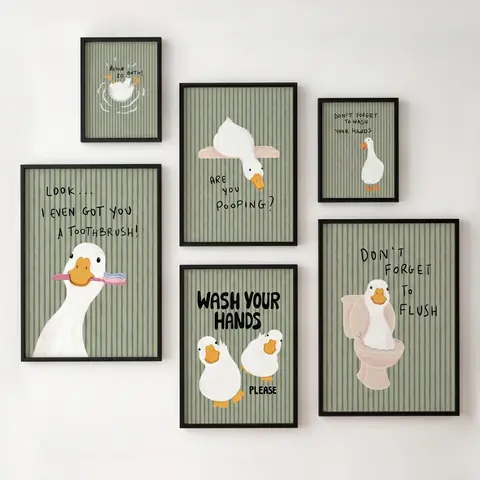Funny Ducko Bathroom Wall Art Poster - Whimsical Room Decor, Home Goods, All Ages Animal-Themed Wall Art Panel, Sage Green Stripes Canvas Print, Duck Quote Humor, Toilet Hygiene Sign, Cute Cartoon Box Decor
