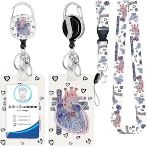 Id Badge Holder with Lanyard, Positive Badge Holder with Reel Retractable Detachable Name Card Tag Vertical ID Protector Badge Reel for Nurse  Office Employees Women (Heart)