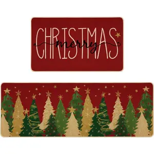 Christmas Kitchen Mat Set of 2, Non-Slip Red Merry Christmas Kitchen Rugs for Floor Seasonal Winter  Decor Low-Profile - 17x29 and 17x47 Inch