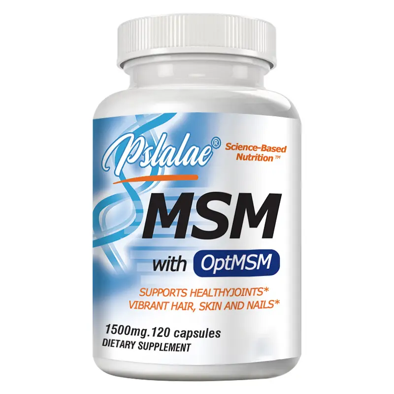 Pslalae MSM Capsules (with OptiMSM), 1500mg, sulfur-based nutrient supporting joint, hair, skin, and nail health; available in 60-count and 120-count bottles.