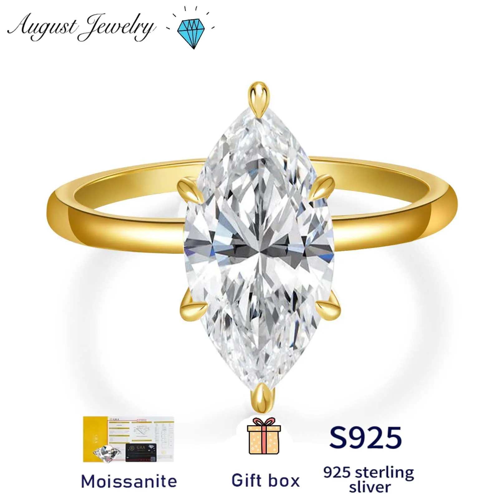 925 Sterling Silver Moissanite Four-Prong Marquise Engagement Ring Wedding Band Women’s Single Item Anniversary Jewelry Gift, Engagement Rings, Female