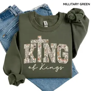 King of Kings Jesus sweatshirt in vintage Christian streetwear style, soft cotton fabric, faith-based sweater, perfect cute gift for women who love religious apparel.