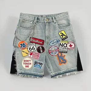 Trending Y2K Retro Blue Patchwork Denim Shorts, Hip Hop Cartoon Graphics Camo Jeans, Loose Fit Casual Fitness Streetwear Shorts for Men Women